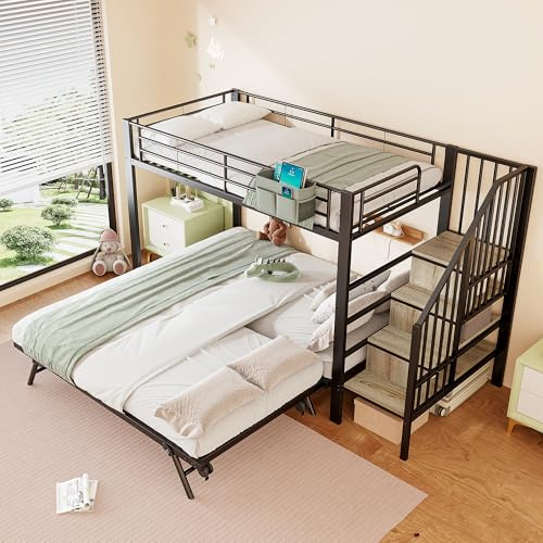 BTM Etagenbett 3 Personen 90 x 200 cm Kinderbett Ausziehbar Jugendbett mit Ausziehbett, Treppe mit Stauraum Schwarz, ohne Matratze