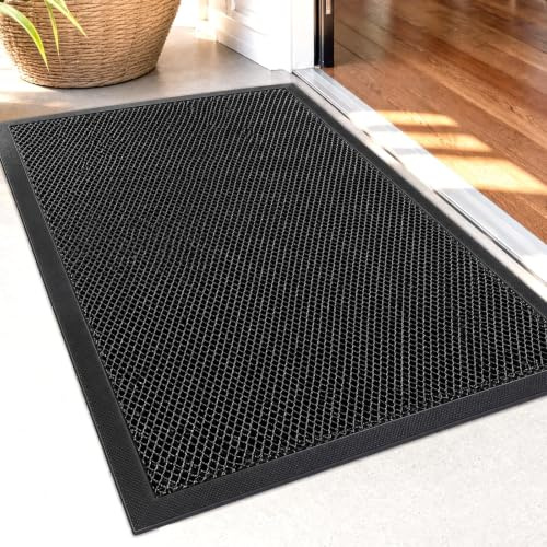 Door Mat, 43×76 Cm Dirt Trapper Doormat Non-slip, Waterproof, Stain | Fade Resistant , Low Profile, Heavy Duty, Easy Clean Outdoor Door Mat for Front Door, Patio, Garden, Grey