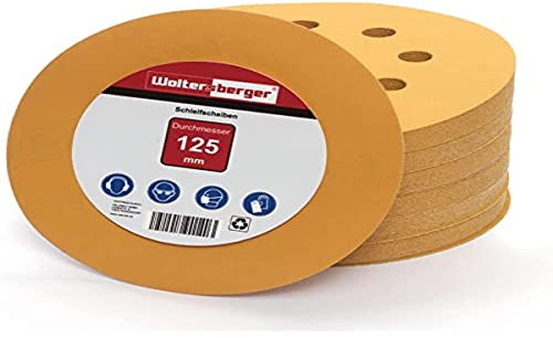 Woltersberger® Exzenter Schleifscheiben Ø 125mm | 8 Loch in gold | Schleifpapier für optimales schleifen, vielseitig einsetzbar, verschiedene Körnungen und Stückzahlen (50 Stück, P120 Körnung)