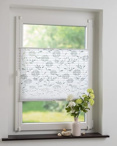 DECOLIA Faltrollo Plissee ohne Bohren 110 x 130 cm Burnout Blume, Wei - Lichtdurchlssiger Fenster Sichtschutz und Fenster Deko, Faltrollo aus 100% Polyester