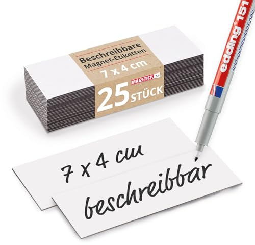 Magstick 25 Stück Magnet-Etiketten 7 x 4 cm zum Beschriften - mag073 | Rückseite magnetisch, Größe 70 x 40 mm, Stärke 0,85 mm, Kein Haftgrund für Magnete, NICHT als Haftmagnet gedacht
