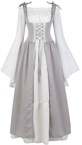 Jutrisujo Médiévale Renaissance Robes Maxi Parti Costume Vintage Déguisements Halloween Gothique Femmes Cosplay Déguisement Carnaval Victorien Gris M