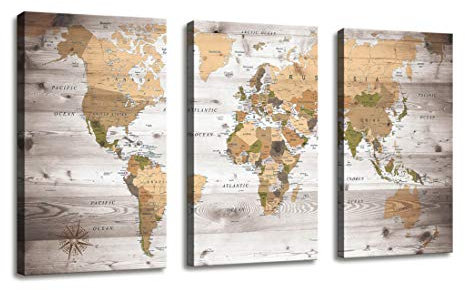 Leinwand-Wandkunst, Weltkarten-Poster, Vintage-Fotos, Malerei, nautische Büro-Dekoration, 3 Paneele, groß, modern, gerahmt, Wandkunst, Weltkarte, Heimdekoration, 40.6 x 71.1 x 71.1 x 71.1 x 3 cm