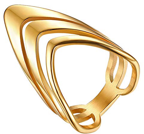 JewelryWe Damen-Ring, Neuartige Polierte Dreifach V Design Statement Ring Band für Frau Mädchen, Gold - Größe 59