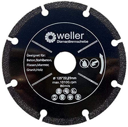 WELLERWERKZEUGE | Diamant Trennscheibe, 125mm, Allround Sägeblatt, extra dünn, für Fliesen Granit Marmor Stahlbeton Holz Keramik Carbon GFK Aluminium für Winkelschleifer 125x22,23mm 80m/s
