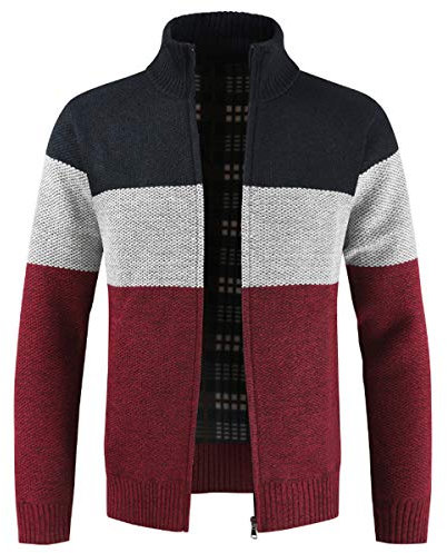 Sliktaa Mens Casual Cardigan Knit Thick Sweater Zip Stand Collar Long Sleeve Fleece Lined Winter Coat #DL160 Navy+Red 3XL