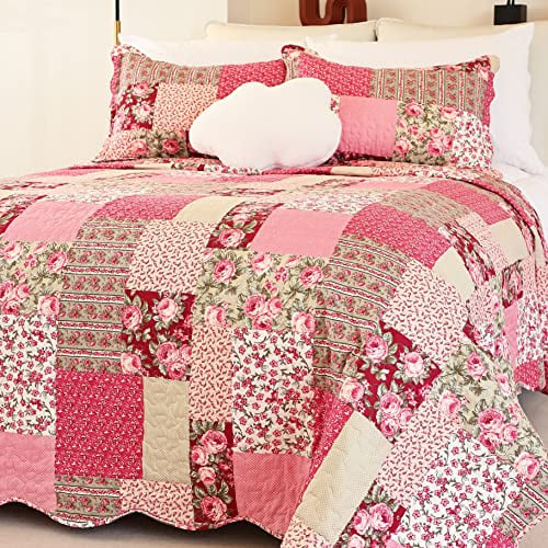 Cmfshape Parure de lit matelassée d'été à motif floral romantique pour très grand lit, housse de couette réversible cousue pour toutes les saisons, couvre-lit doux et léger avec taies d'oreiller (rose