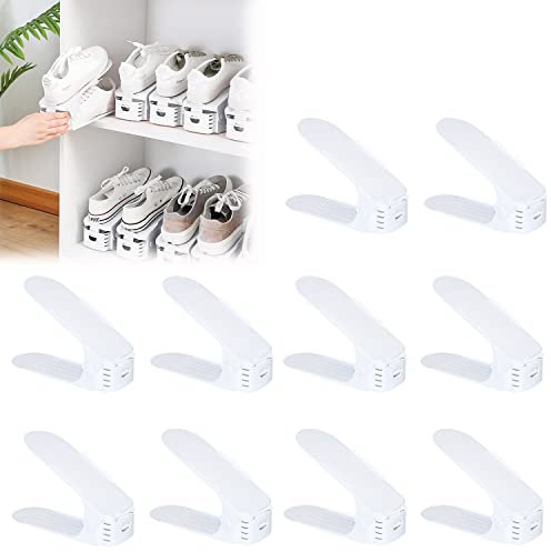 AufuN 10er Set Verstellbarer Schuhregale rutschfest Schuhstapler 3 Höhenverstellbar schuhaufbewahrung Schuhorganizer (10Stück, Weiß)
