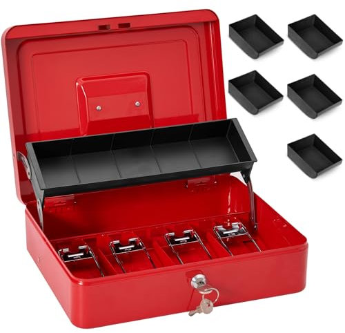 Sgorlds Grande caisse à monnaie verrouillable avec serrure à clé et plateau à billets, boîte à monnaie avec plateau à billets, boîte à serrure pour bureau, entreprise, 30 x 24,1 x 8,9 cm, rouge