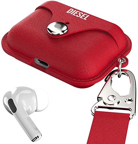Diesel Hülle kompatibel mit Airpods Pro/Airpods Pro 2, Leder-Ohrhörer-Abdeckung mit Umhängeband, Kabelloses Laden kompatibel, Bluetooth-Kopfhörer-Tragetasche, Rot