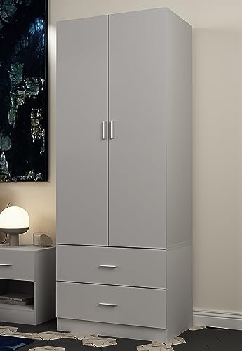 URBNLIVING Orlando Wooden 2 Door With 2 Drawers Kids Wardrobe Bedroom Storage With Hanging Bar (Grey)