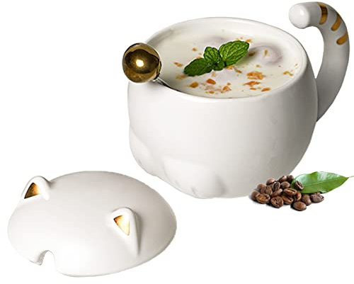 Tuzsocr Tasse Chat350ml, Tasses à café en céramique en Forme de Chat,Animaux 3D Tasses de Chat,avec Couvercle et cuillère en Forme de Chat,Tasse Fantaisie du Matin pour Le café,Le thé,Le Lait (Blanc)