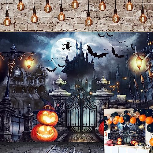 Halloween Photography Backdrop Horror Moon Pumpkin Lantern Castle Gate Bats Cemetery Background Haunted House Kids Adults Halloween Night Party Supplies Decorations 8x6FT