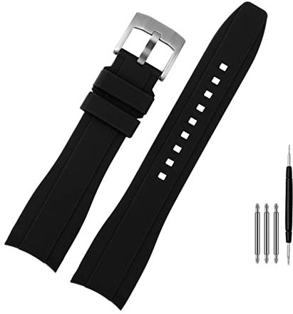 For Omega for Seiko for Rolex for Tissot Gebogenes Ende Gummiarmband 18mm 20mm 22mm Uhrenarmband Schwarz Blau Orange Armband (Color : Black silver, Size : 21mm)