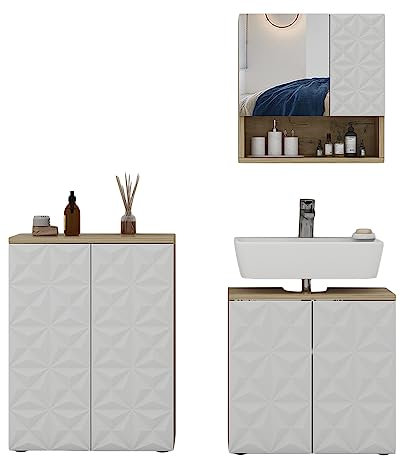 Vicco Badmöbel-Set Weiß Edge, bestehend aus Bad Spiegelschrank, Waschbeckenunterschrank, Midischrank - Unterschrank- und Hängeschrank-Kombination