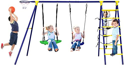 RELAX4LIFE Set Altalene da Giardino per Bambini 5 in 1 con Altalena a Piattino, Altalena con Cintura, Canestro da Basket, Rete e Scala da Arrampicata e Struttura in Metallo, Carico 175 KG