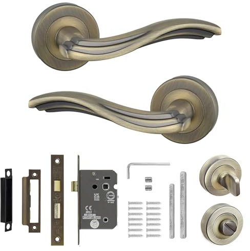 Decoranddecor Solace Antique Brass Internal Door Handles – Aluminium Handle Sets with Bathroom Lock and Turn Release – Elegant and Durable Design for Modern Interior Doors
