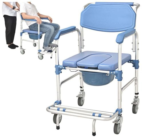 3 In 1 Toilettenstuhl Rollstuhl, Fahrbarer Duschstuhl Rollstuhl Mit WC-Eimer Höhenverstellbarer Mit Armlehne Rollen and Anti-roll-Over Pedale 150 Kg Belastbar Für Toilette, Bad