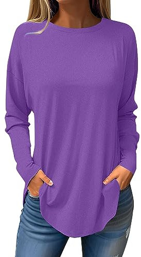Meine Bestellungen Anzeigen Langarmshirt Damen Elegant Crew Neck Langarm Oversize Pullover Damen Frühling Fashion Tunika Damen Herbst Große Größen Long Sleeve Shirt Women lila M
