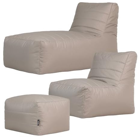 Veeva Modular Outdoor Liege und Sitzsack mit Hocker, Beige, Sessel XXL, Pouf Hocker, Outdoor Sitzsack für Erwachsene mit Füllung, Wasserfest, Sitzlounge Garten, Garten Möbel