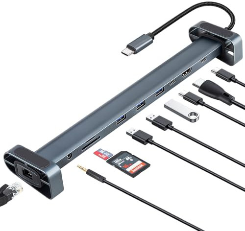 SINEHO 10-in-1 USB C Hub Multiport Adapter mit 100W PD, HDMI 4K@30Hz, USB C Daten, 3xUSB 3.0, Ethernet, SD/TF-Kartenleser, Audio & Abnehmbare Metallständer - Kompakte Docking Station