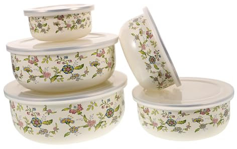 TOPBATHY 5 Stück Emaille-rührschüsseln Mit Deckel Ineinander Stapelbare Zubereitungs- Und Aufbewahrungsschüsseln Zum Anrichten Von Salaten, Suppen Und Obst Mikrowellengeeignet Und Luftdicht