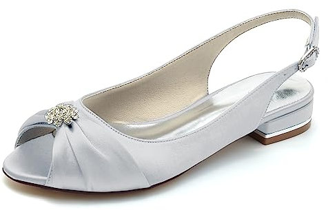 ZhiQin Wedding Shoes for Bride Ballet Satin Women Peep Toe Flats Pumps Dress Shoes with Rhinestone,Silver,7 UK