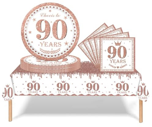 37Pcs 90th Birthday Tableware Set Rose and Gold,90th Birthday Decorations with Party Paper Plates and Napkins,Plastic Table Cloth for Her Women Happybirthday Table Decoration Dinnerware Supplies