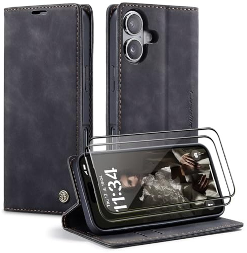 SLWYF Coque pour iPhone 16 Plus Etui Coque avec 2 Verre Trempé Porte Carte Clapet à Rabat Portefeuille Cuir Case Housse Protection Flip [Fentes pour Cartes] Cover, Noir