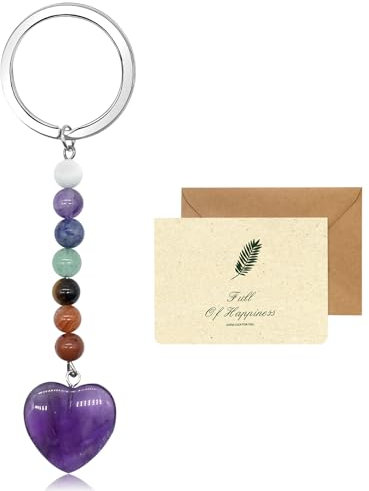 Kristall Schlüsselanhänger, 7 Chakra Amethyst Heilung Kristall Schlüsselanhänger Natürlicher Kristall Edelstein Herz Anhänger Schlüsselanhänger für Frauen Mädchen Tasche Charms, mit einer Karte