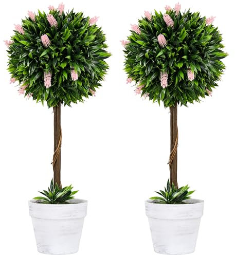 HOMCOM Set of 2 Decorative Artificial Plants Ball Trees with Lavender Flowers in Pot Fake Plants for Home Indoor Outdoor Decor, 60cm, Pink