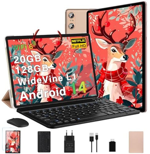 Biegedy Tablet 10 Pollici Android 14 Tablet 20GB RAM+128GB ROM (1TB TF), Tablets 5G/2.4G WiFi 6 Octa-Core, Widevine L1/GMS/Bluetooth 5.0/6000mAh/5+8MP, Tablet 2 in 1 Tastiera+Mouse - Oro