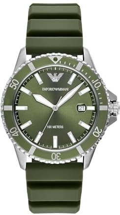 Emporio Armani Reloj Hombre, Movimiento de Cuarzo a Tres Agujas con Fecha y Caja de 42mm con Correa de Silicona, Verde Oliva