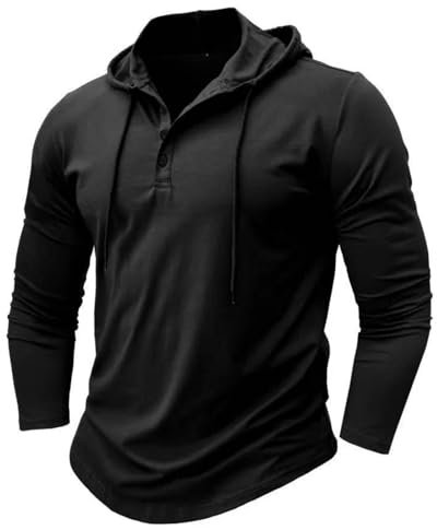 MakingDa Athletic Long Sleeve Hoodie Men Fashion Workout Gym Pullover Hooded Shirt Button Muscle Fit Sweatshirt Lightweight Hip Hop Running Boxing Hiking Sport Hoodys Shirts Black L