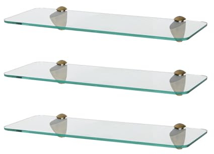 Harbour Housewares Rounded Floating Glass Bathroom Shelves - 40cm - Clear/Gold - 3x Wall-Mounted Kitchen Bedroom Shower Room Décor Caddy Towel Storage Organiser Shelving Rack with Brackets
