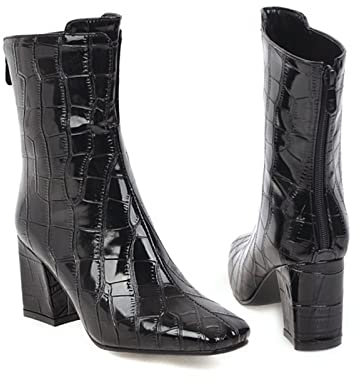 Stivali Moda da Donna Stivaletti 7CM Stivaletti Bassi Neri in Vernice da Donna Stivaletti Singoli con Tacco Alto e Punta Quadrata Stivali con Cerniera Posteriore