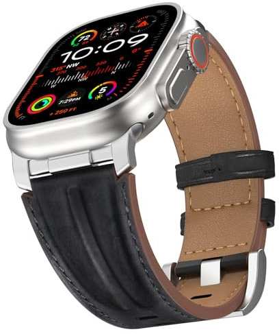 Bouixel Correa de piel compatible con Apple Watch Ultra 3, 49 mm, 46 mm, 45 mm, 44 mm, 42 mm, correa de piel auténtica con conector de metal para iWatch Ultra 2/1 Series 11 10 9 8 7 6 5 4 3 SE, 42mm