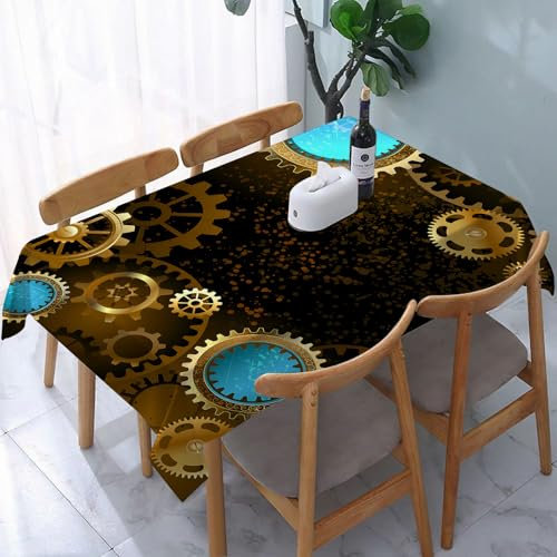 YOIUE Tablecloth,Table Cloth for Rectangle,Black steampunk background with gold and brass gears and blue lenses.,Wrinkle Resistant Decorative Table Cover for Kitchen Dining Parties Picnic 54 x 72 in