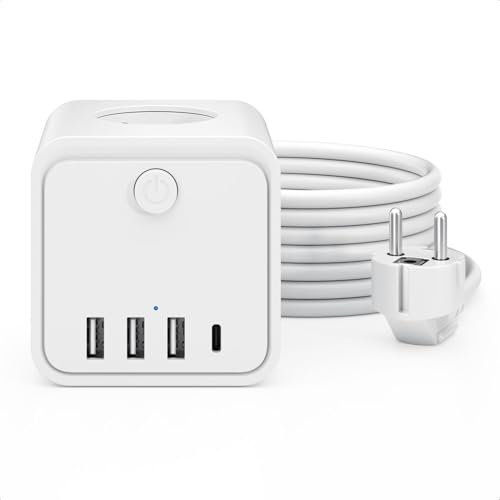 Regleta de enchufes múltiple de 3 Compartimentos con 1 USB-C y 3 USB-A, Enchufe múltiple con Interruptor de Ahorro de energía, Cable de extensión de 2M para la Oficina, el hogar