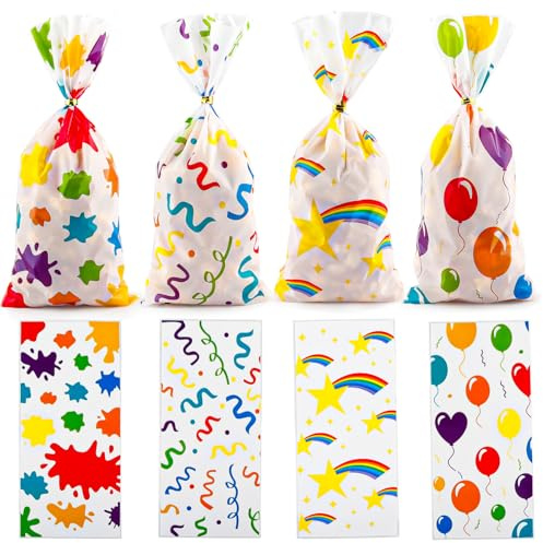 Zi Lan 50 Stück bunte Cellophan-Geschenktüten Regenbogen Künstler-Farbballons Partygeschenke Bonbontüten für Geburtstagsdekorationen mit 50 Stück goldenen Twist-Bändern