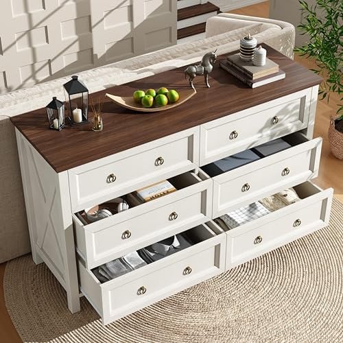 A ALFRESCOOL Kommode, Weißes Sideboard, Esszimmerschrank im Vintage-Stil, mit Aluminium-Schubladengriffen, Walnussfarbene Arbeitsplatte, für Schlafzimmer, Wohnzimmer, 6 geräumige Schubladen