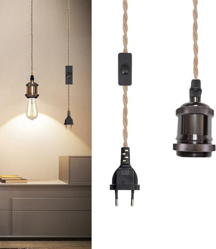 Chao Zan Portalampada E27 con Interruttore Lampada Lampada a sospensione in corda di canapa, Kit vintage con interruttore a spina Testa paralume vintage kit di supporto E27 per Soffitto da Ter (B)