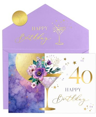Joli Coon Geburtstagskarte 40 ELEGANT - Happy Birthday Karte mit floraler Martini Illustration und pastellfarbenem Kuvert - Geburtstagskarte 40 Frau