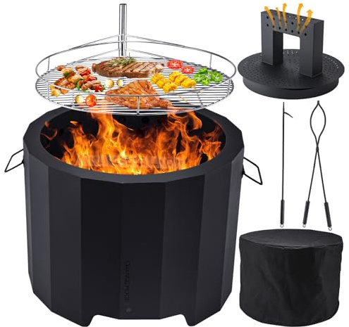 CHANGEMOORE Rauchfreie Feuerschale, 50 cm großer Feuerstellenofen für den Außenbereich mit dreifacher Verbrennung und abnehmbarem Aschebehälter, Feuerstellenabdeckung, Grill, Schürhakenset