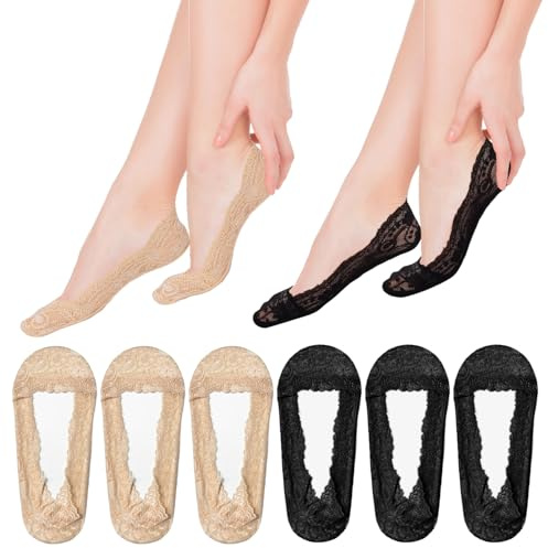 DIPZO Calzini Fantasmini in Pizzo da Donna 6 Paia - No-Show con Pizzo e Grip in Silicone