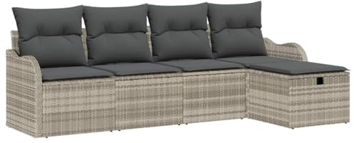 vidaXL 5-teiliges modulares Gartensofa-Set mit Kissen aus hellgrauem Poly-Rattan. Wetterfest und für 4 Personen. Perfekt für Terrasse, Balkon und Garten. Modernes Design für Deine Terrasse.