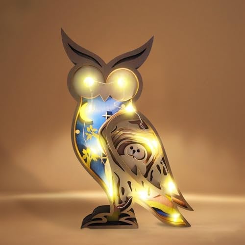 3D Holz Tiere Figuren mit Beleuchtung, Holzdeko Tiere Statue mit LED Nachtlicht, 2 Modi LED Nachttischlampe Waldtiere Holzskulptur, Tischlampe Waldtiere Figur Batteriebetrieben für Tischdeko (Eule)