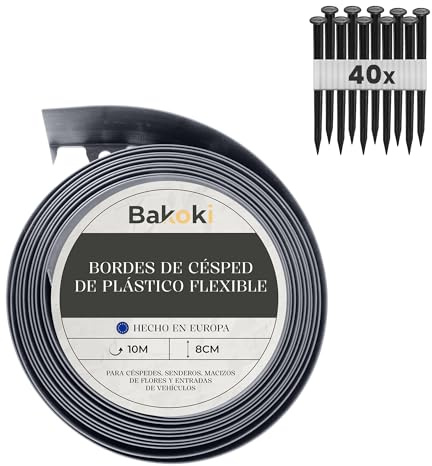 BAKOKI Flexible Rasenkante (10 m | 40 Erdanker | 8 cm Höhe) Grau Kunststoff Wetterbeständige Rasenabgrenzung Beeteinfassung Rund - Blumenbeet Umrandung - Mähkante