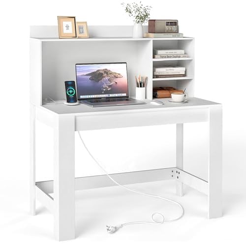 COSTWAY Scrivania per Computer con Libreria, Scrivania Salvaspazio in Legno con Stazione di Ricarica e Foro per Cavi, Scrittoio Moderno per Ufficio, Soggiorno e Studio, 108 x 60 x 125 cm (Bianco)