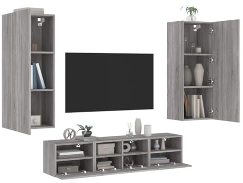 Hoopleep 5-TLG. Wohnwand Grau Sonoma, Holzwerkstoff, Wandmontage, TV-Schrank Set mit reichlich Stauraum für Wohnzimmer, Schlafzimmer, Unterhaltung, modernes Design